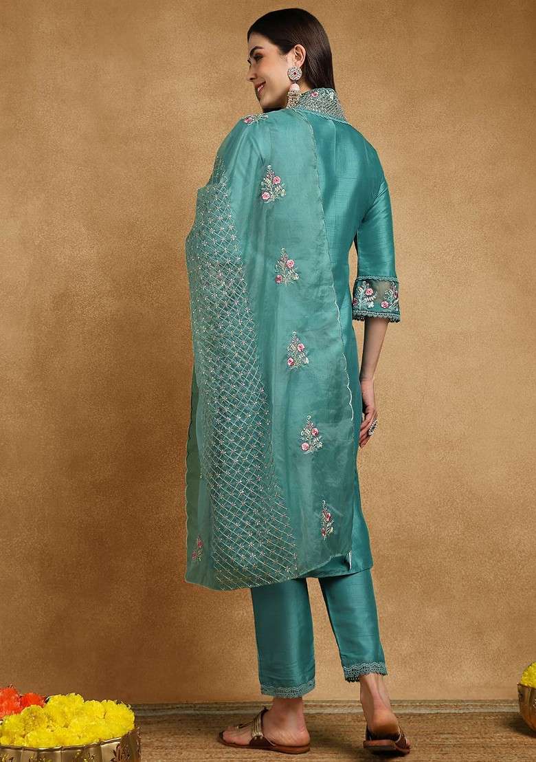 Teal Embroidered Poly Blended Kurta Sets - Indya