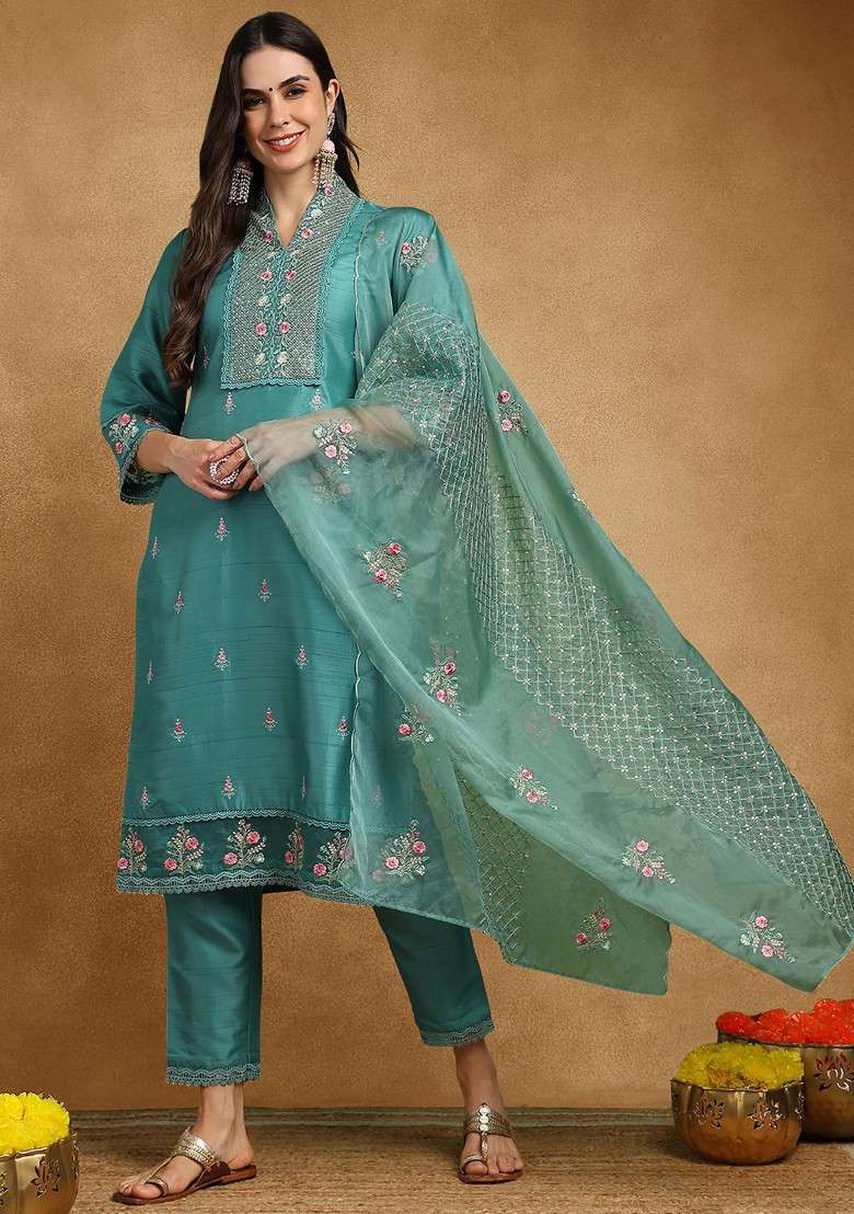 Teal Embroidered Poly Blended Kurta Sets - Indya