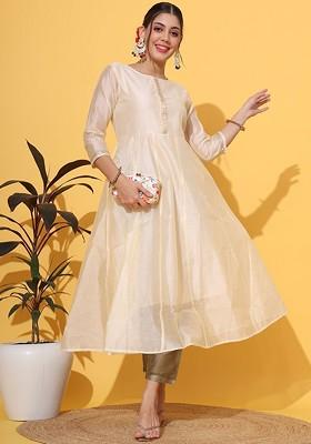 Cream Embroidered Poly Blended Kurta Sets