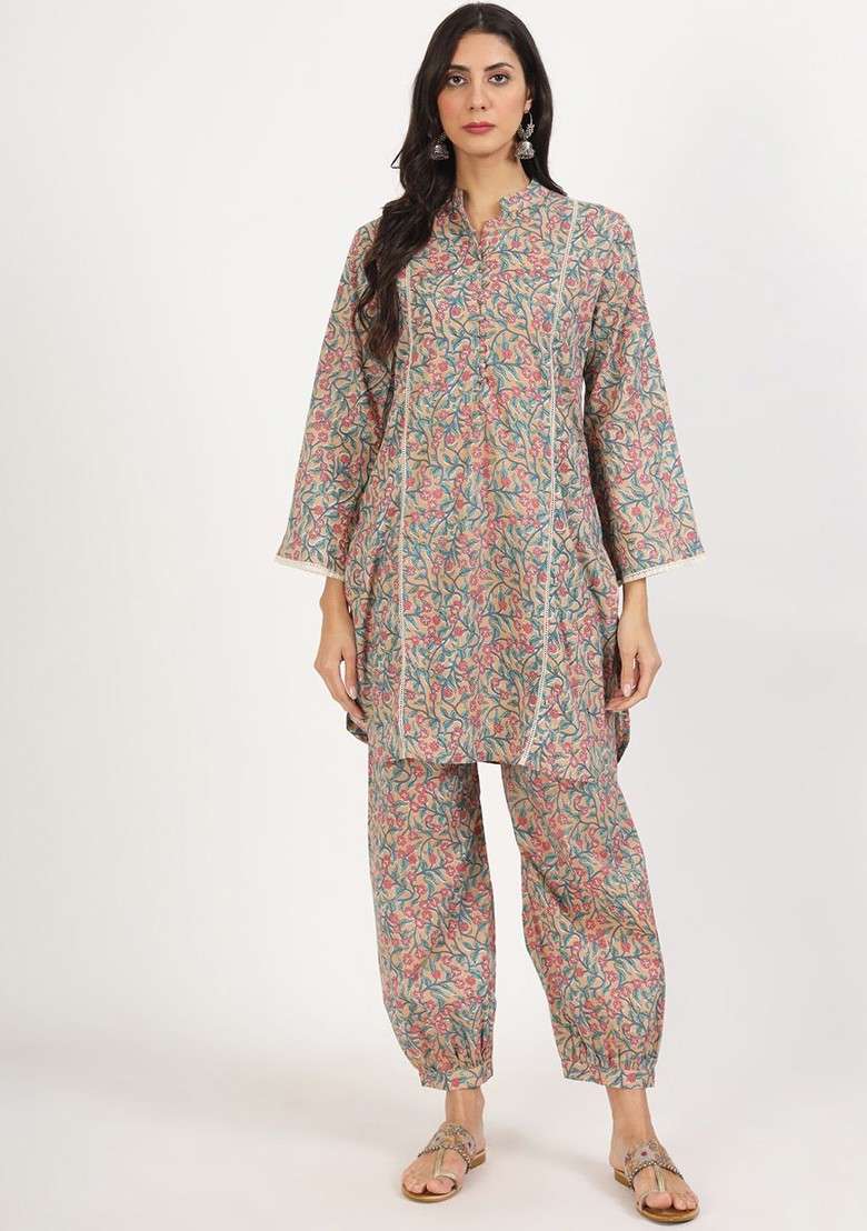 Beige Embroidered Poly Blended Kurta Sets - Indya