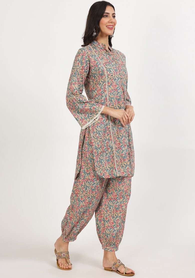 Beige Embroidered Poly Blended Kurta Sets - Indya