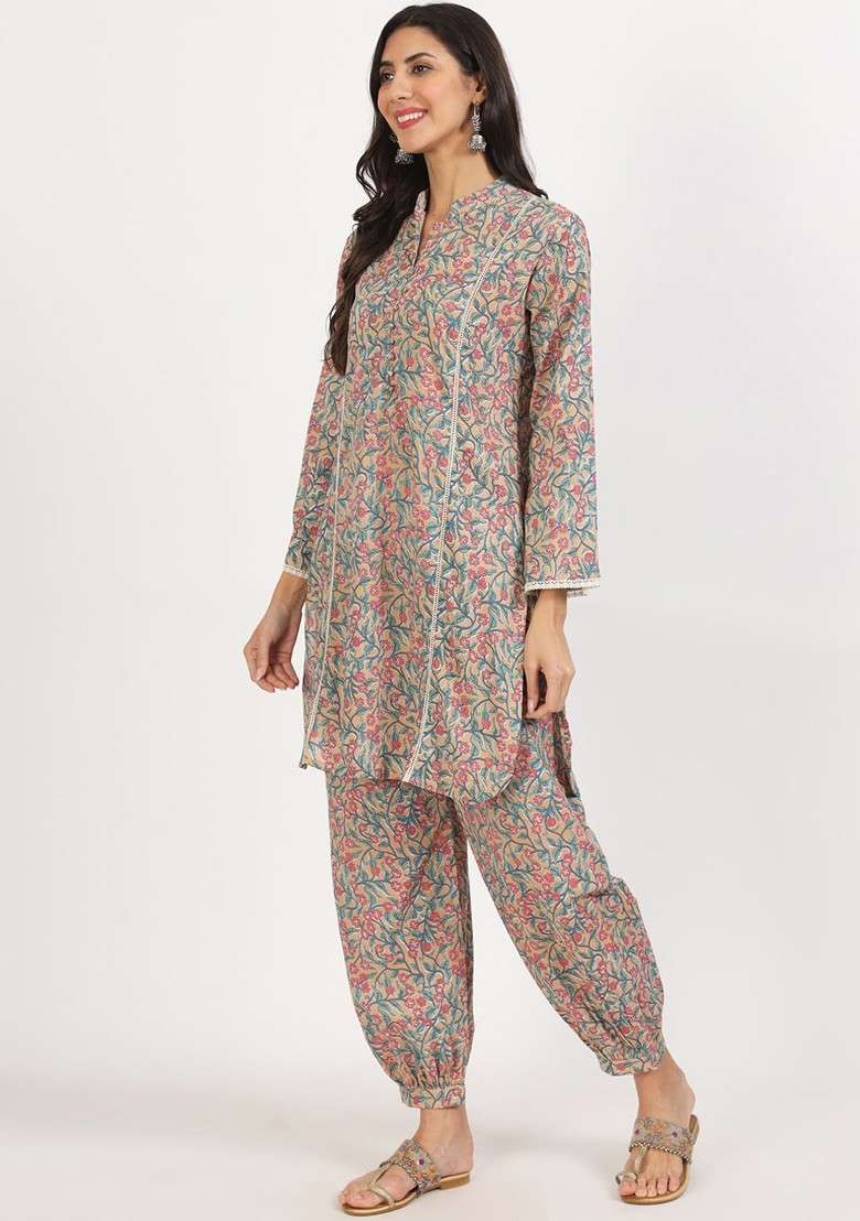 Beige Embroidered Poly Blended Kurta Sets - Indya