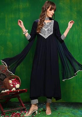 Navy Blue Embroidered Poly Blended Kurta Sets