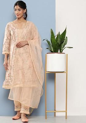 Peach Embroidered Poly Blended Kurta Sets