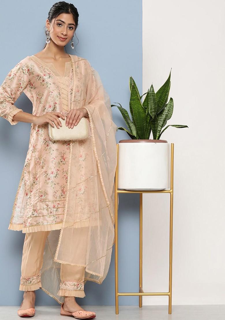 Peach Embroidered Poly Blended Kurta Sets - Indya