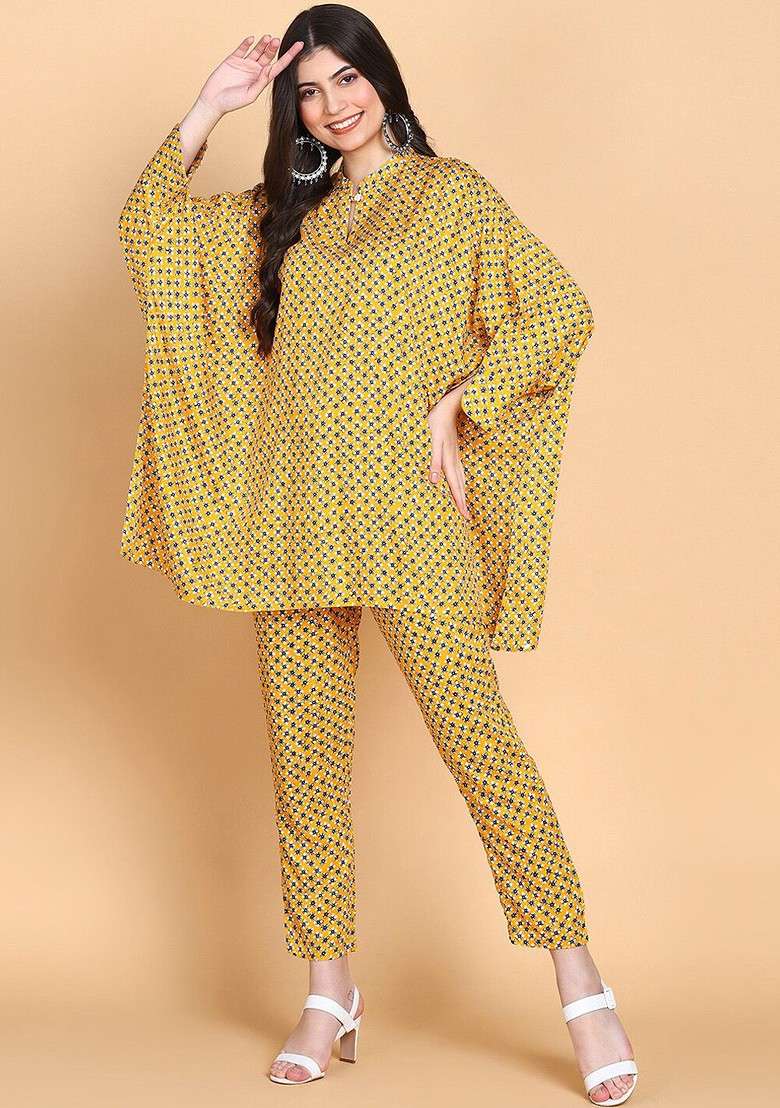 Mustard Embroidered Poly Blended Kurta Sets - Indya