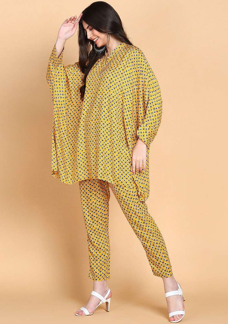 Mustard Embroidered Poly Blended Kurta Sets - Indya