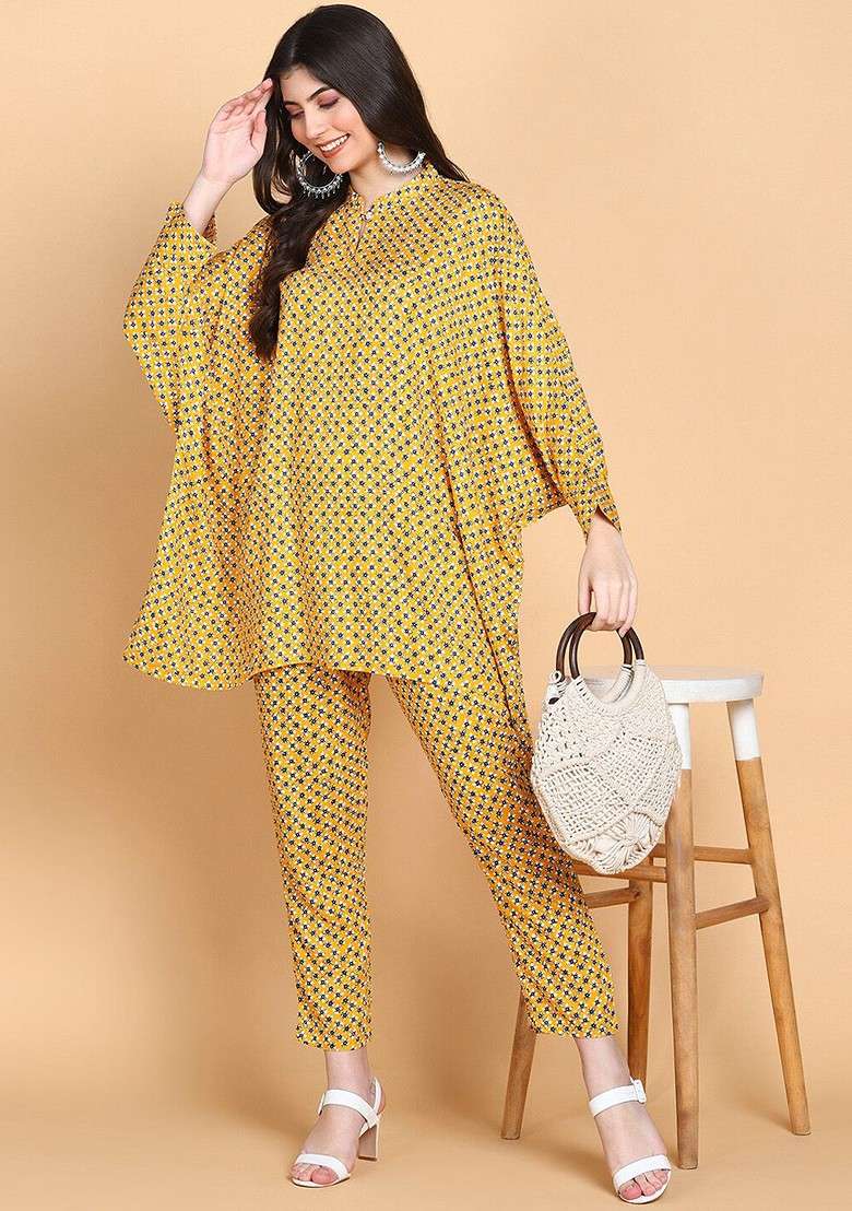 Mustard Embroidered Poly Blended Kurta Sets - Indya