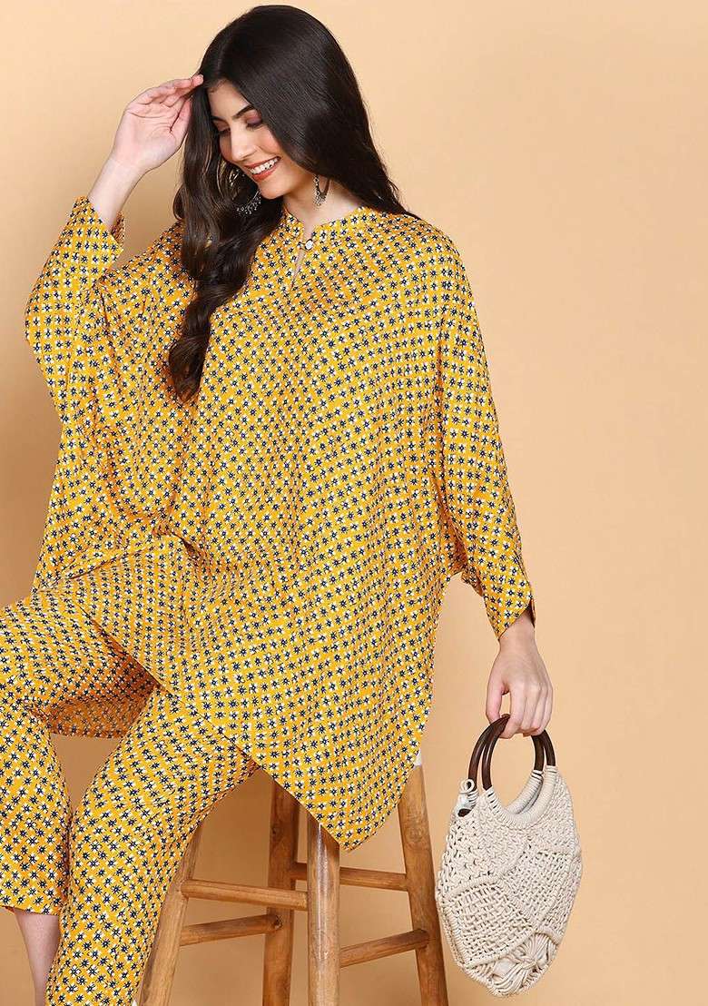 Mustard Embroidered Poly Blended Kurta Sets - Indya