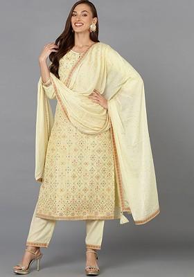 Yellow Embroidered Poly Blended Kurta Sets