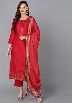 Maroon Embroidered Poly Blended Kurta Sets