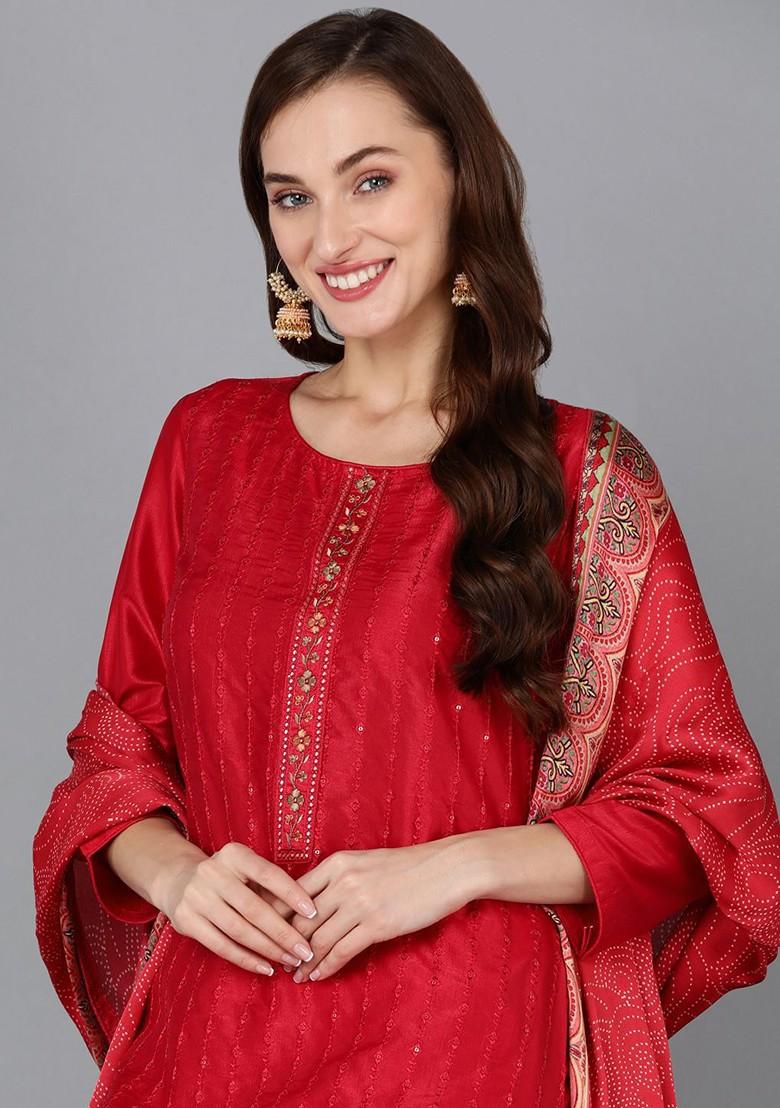 Maroon Embroidered Poly Blended Kurta Sets - Indya