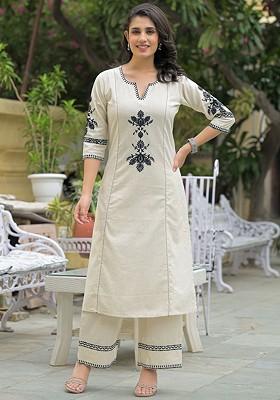 Off White Embroidered Poly Blended Kurta Sets