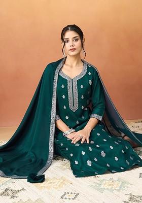 Teal Embroidered Poly Blended Kurta Sets