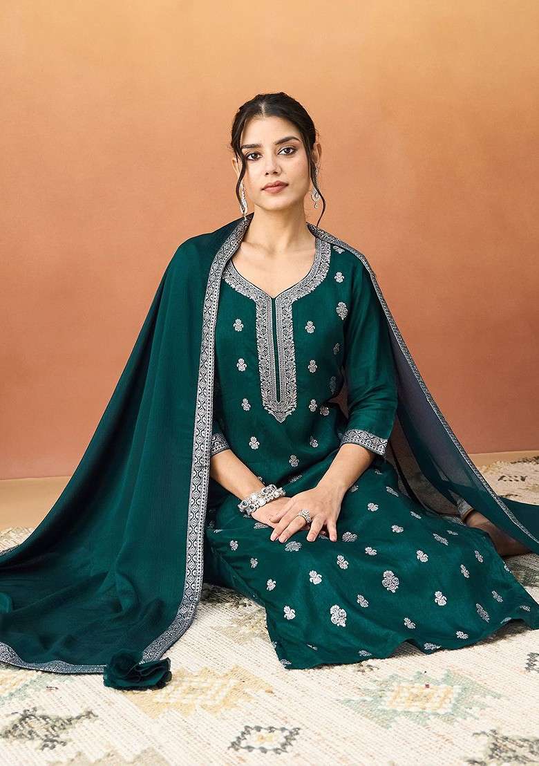 Teal Embroidered Poly Blended Kurta Sets - Indya