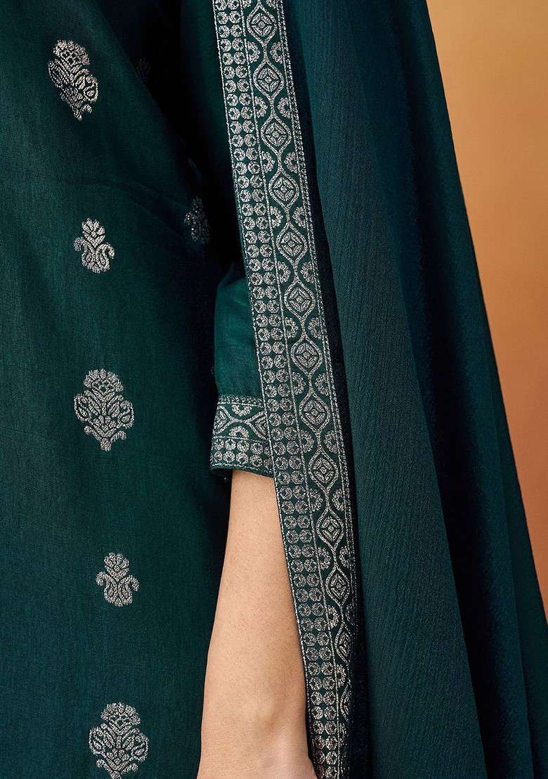 Teal Embroidered Poly Blended Kurta Sets - Indya