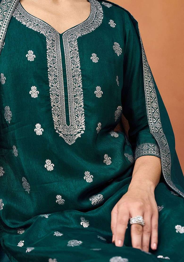 Teal Embroidered Poly Blended Kurta Sets - Indya