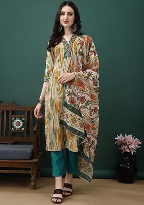 Beige Embroidered Poly Blended Kurta Sets