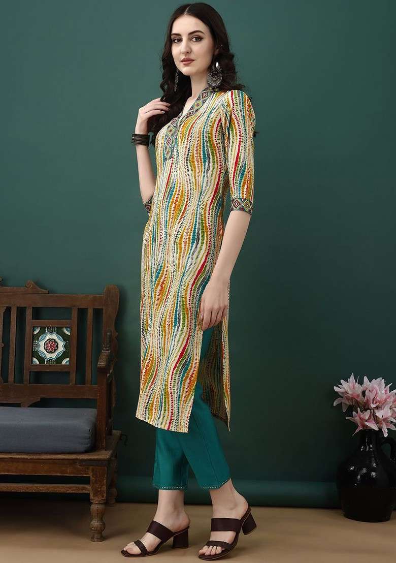 Beige Embroidered Poly Blended Kurta Sets - Indya