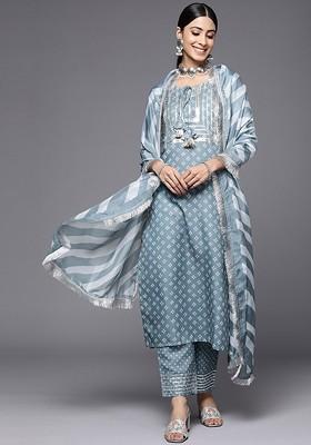 Grey Embroidered Poly Blended Kurta Sets