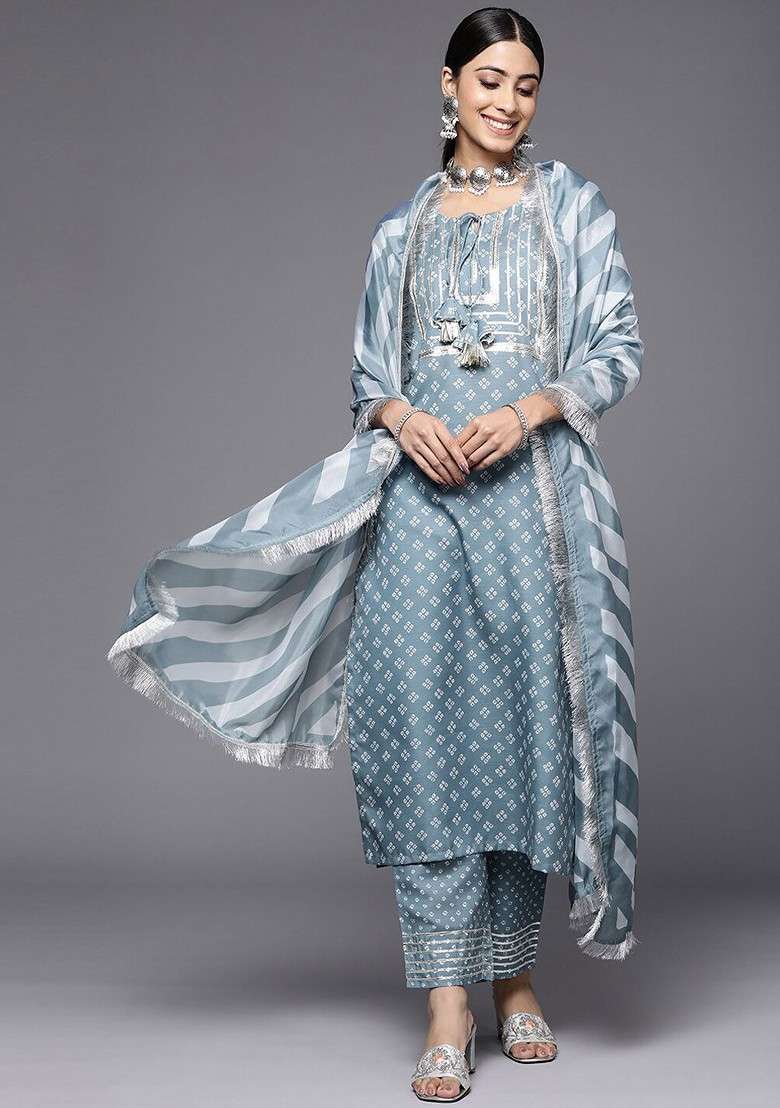 Grey Embroidered Poly Blended Kurta Sets - Indya