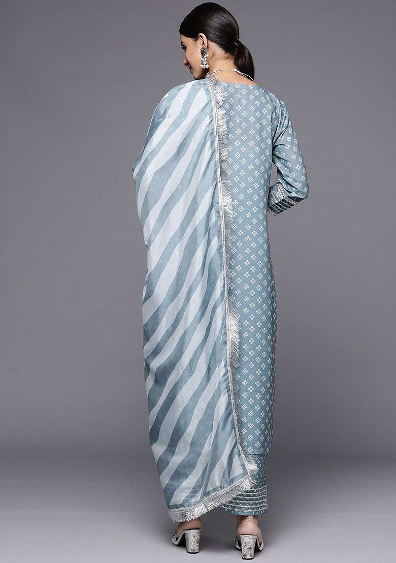 Grey Embroidered Poly Blended Kurta Sets - Indya