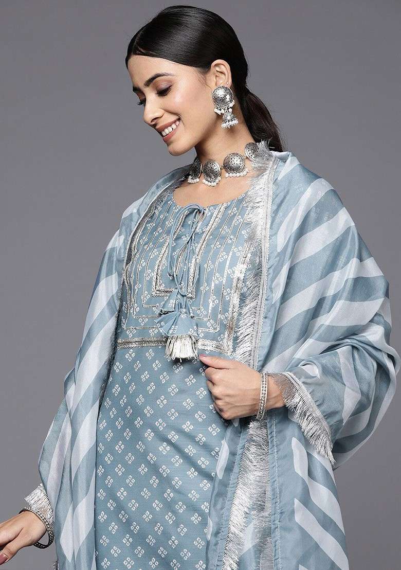 Grey Embroidered Poly Blended Kurta Sets - Indya