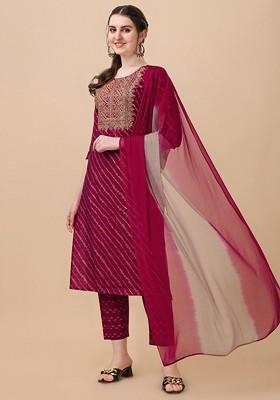 Pink Embroidered Poly Blended Kurta Sets
