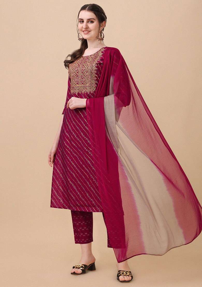 Pink Embroidered Poly Blended Kurta Sets - Indya
