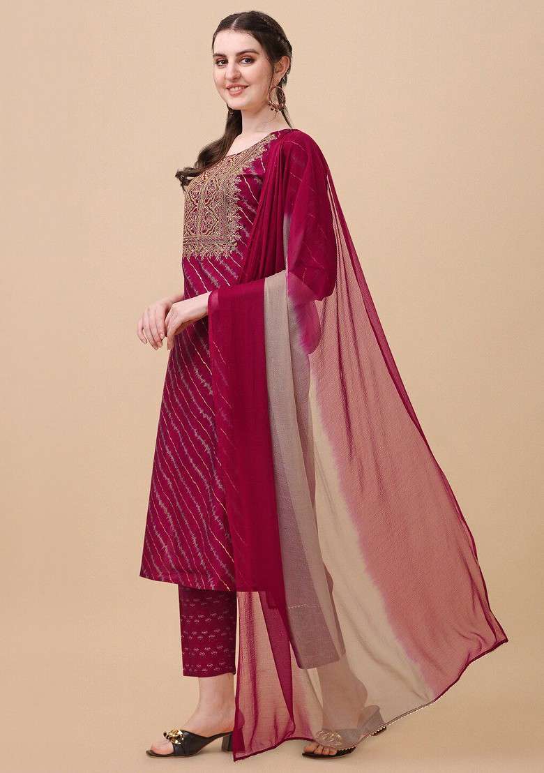 Pink Embroidered Poly Blended Kurta Sets - Indya