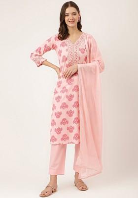 Pink Embroidered Poly Blended Kurta Sets