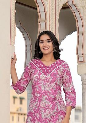 Pink Embroidered Poly Blended Kurta Sets