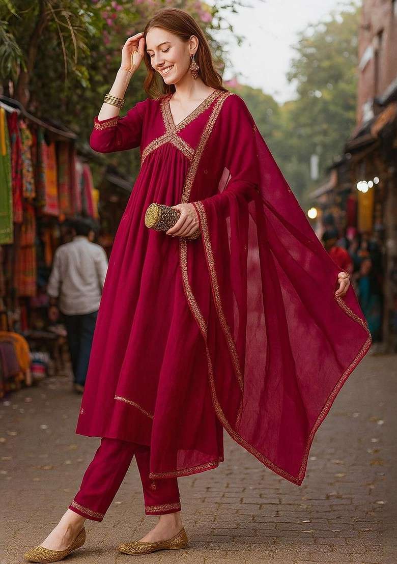Pink Embroidered Poly Blended Kurta Sets - Indya