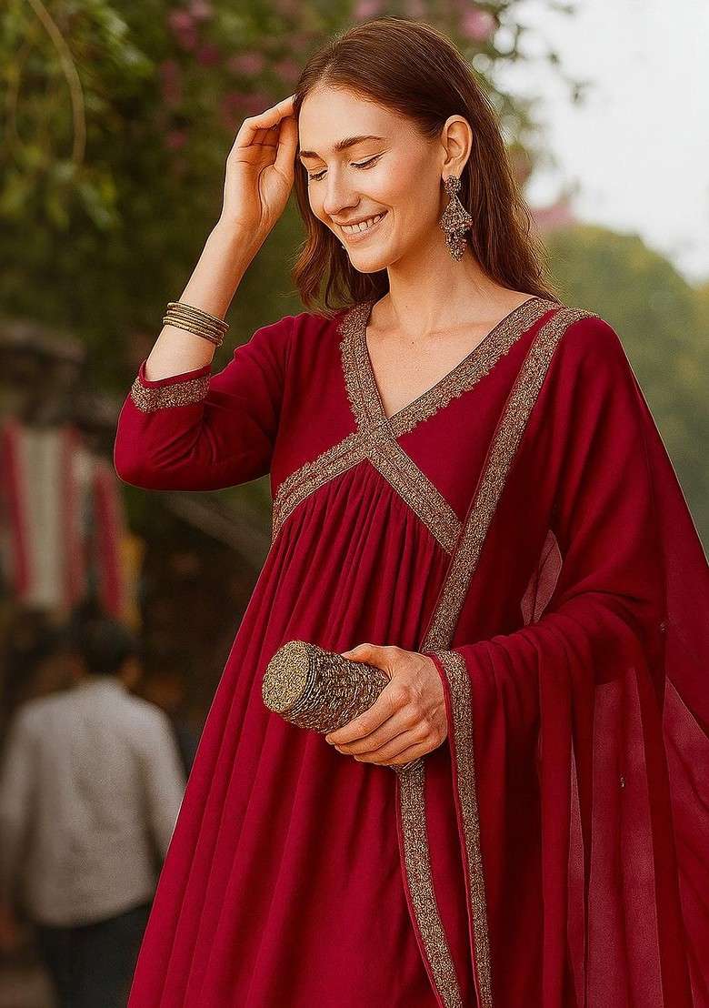 Pink Embroidered Poly Blended Kurta Sets - Indya
