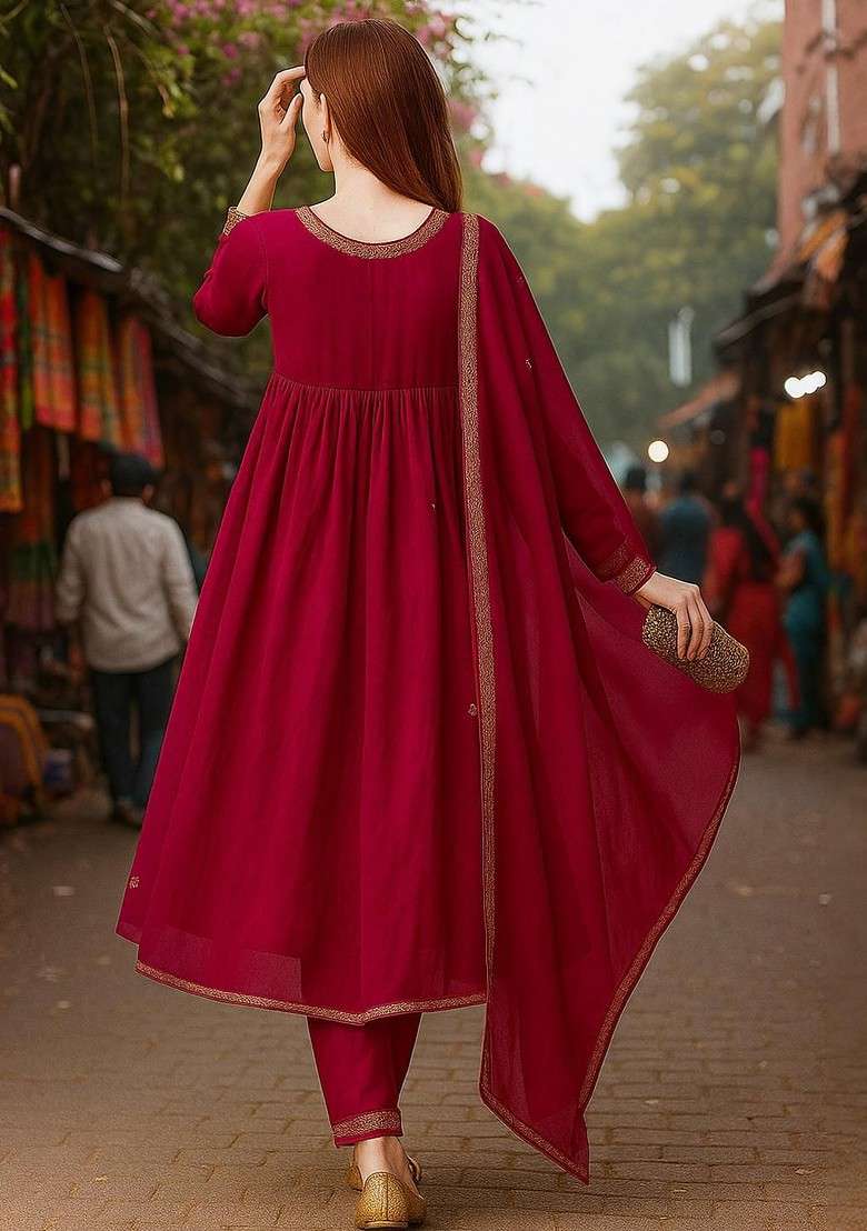 Pink Embroidered Poly Blended Kurta Sets - Indya
