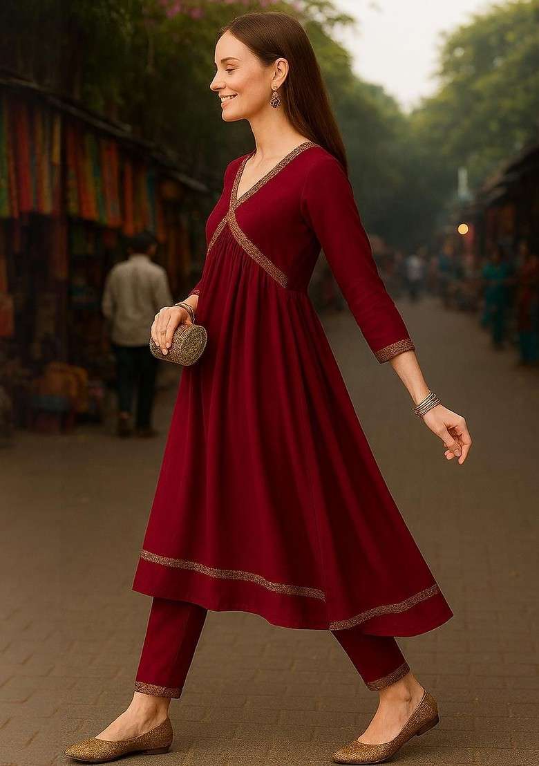 Pink Embroidered Poly Blended Kurta Sets - Indya