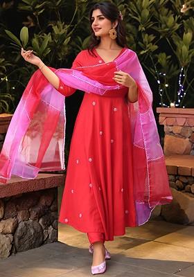 Red Embroidered Poly Blended Kurta Sets