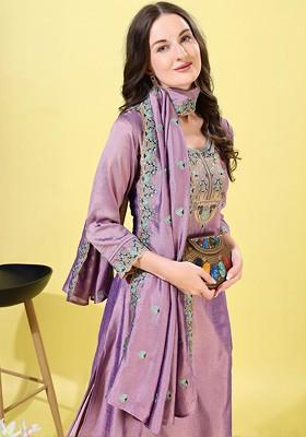 Pink Embroidered Poly Blended Kurta Sets
