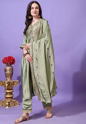 Green Embroidered Poly Blended Kurta Sets