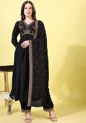 Black Embroidered Poly Blended Kurta Sets