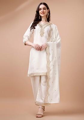 White Embroidered Poly Blended Kurta Sets