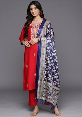 Red Embroidered Poly Blended Kurta Sets