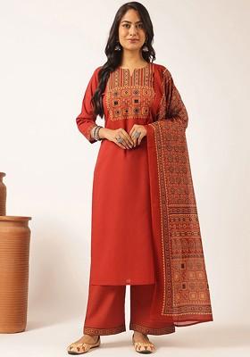 Maroon Embroidered Poly Blended Kurta Sets