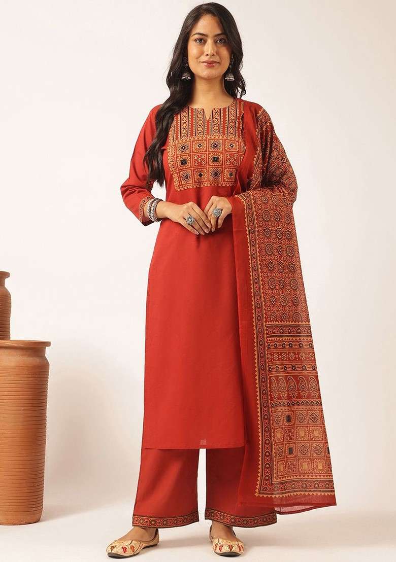 Maroon Embroidered Poly Blended Kurta Sets - Indya