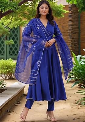 Blue Embroidered Poly Blended Kurta Sets