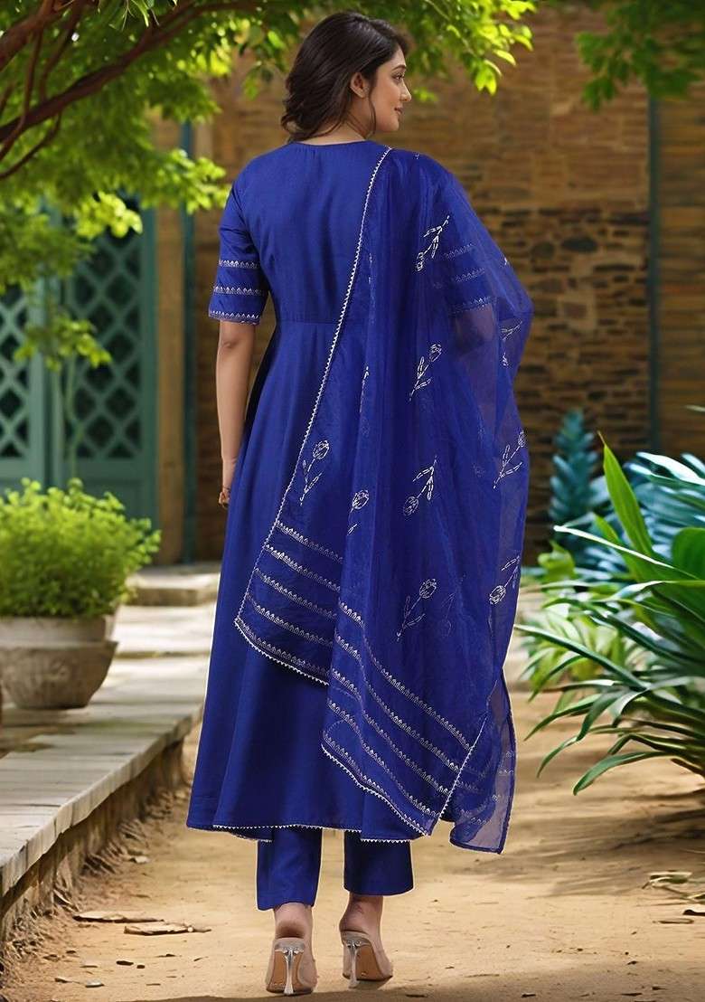 Blue Embroidered Poly Blended Kurta Sets - Indya