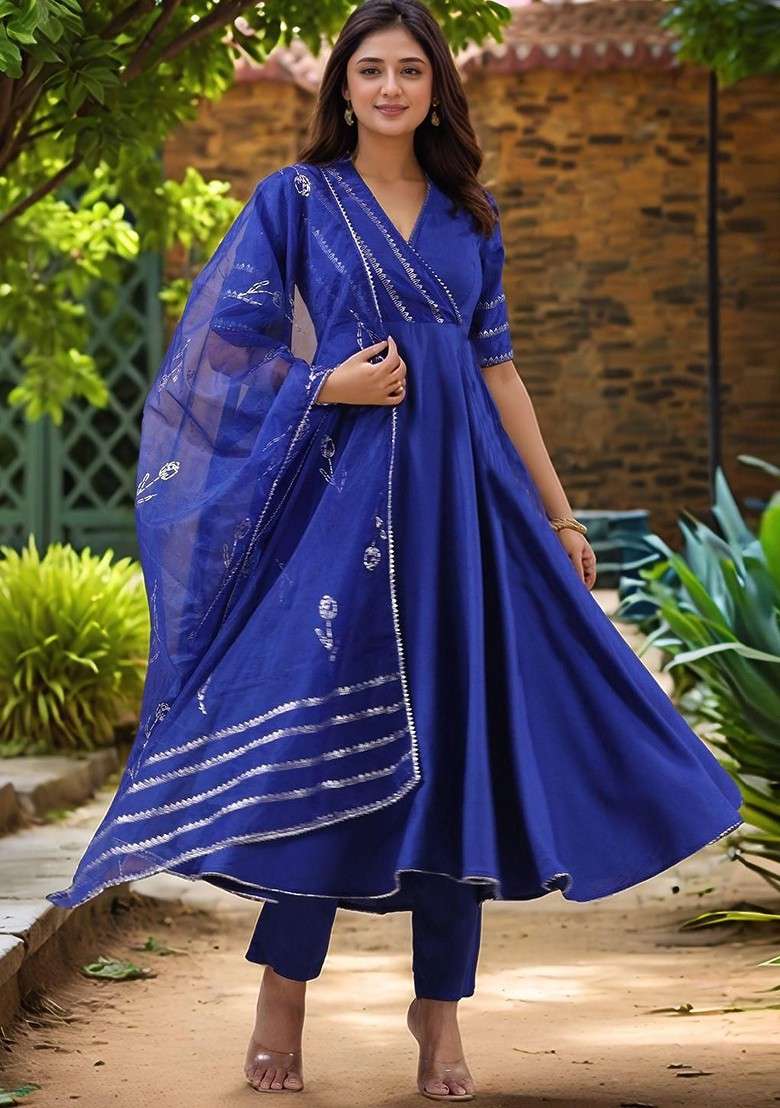 Blue Embroidered Poly Blended Kurta Sets - Indya