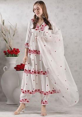 Cream Embroidered Poly Blended Kurta Sets
