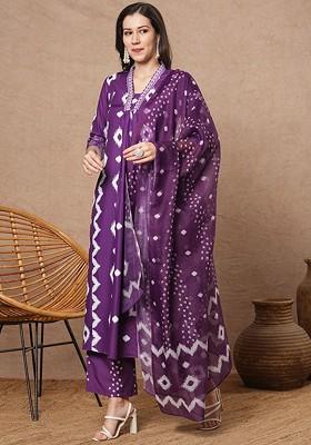 Purple Embroidered Poly Blended Kurta Sets