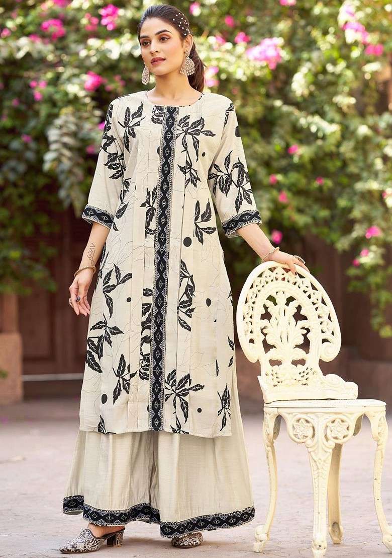 Cream Embroidered Poly Blended Kurta Sets - Indya